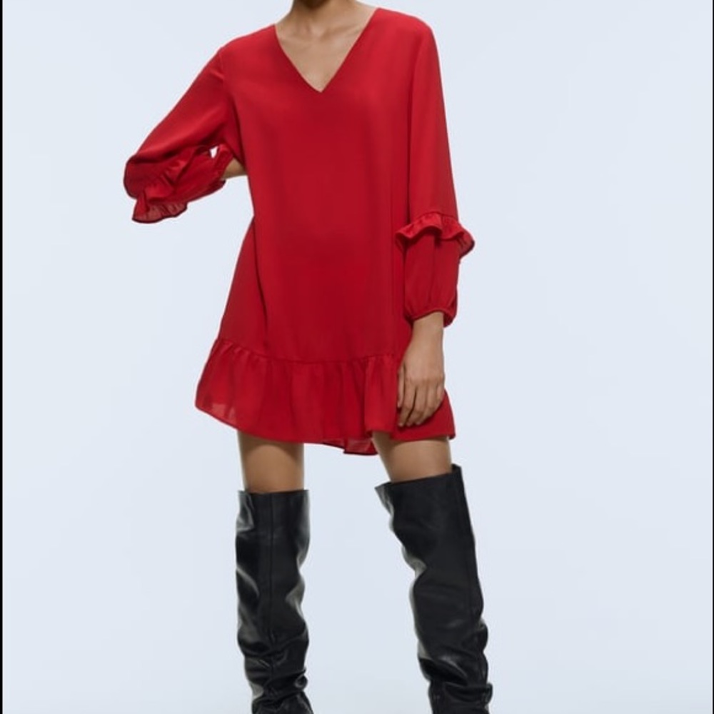 Zara Red V-Neck Ruffle Hem Mini Dress
